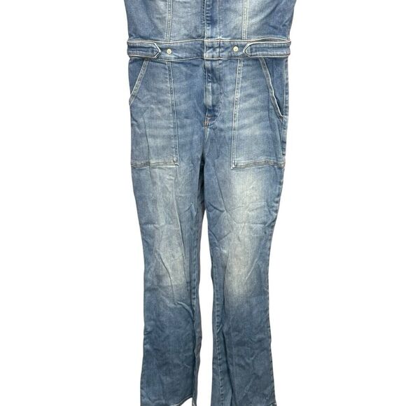 Good American Denim Short Sleeve Jumpsuit Size 4 Zip Front Flare Legs Blue - Picture 7 of 16